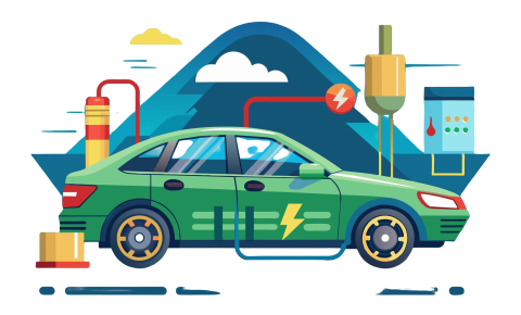 green-electric-vehicle-is-connected-charging-station-emphasizing-sustainable-energy-backdrop-features-mountains-various-energy-icons-illustrating-ecofriendly-technology
